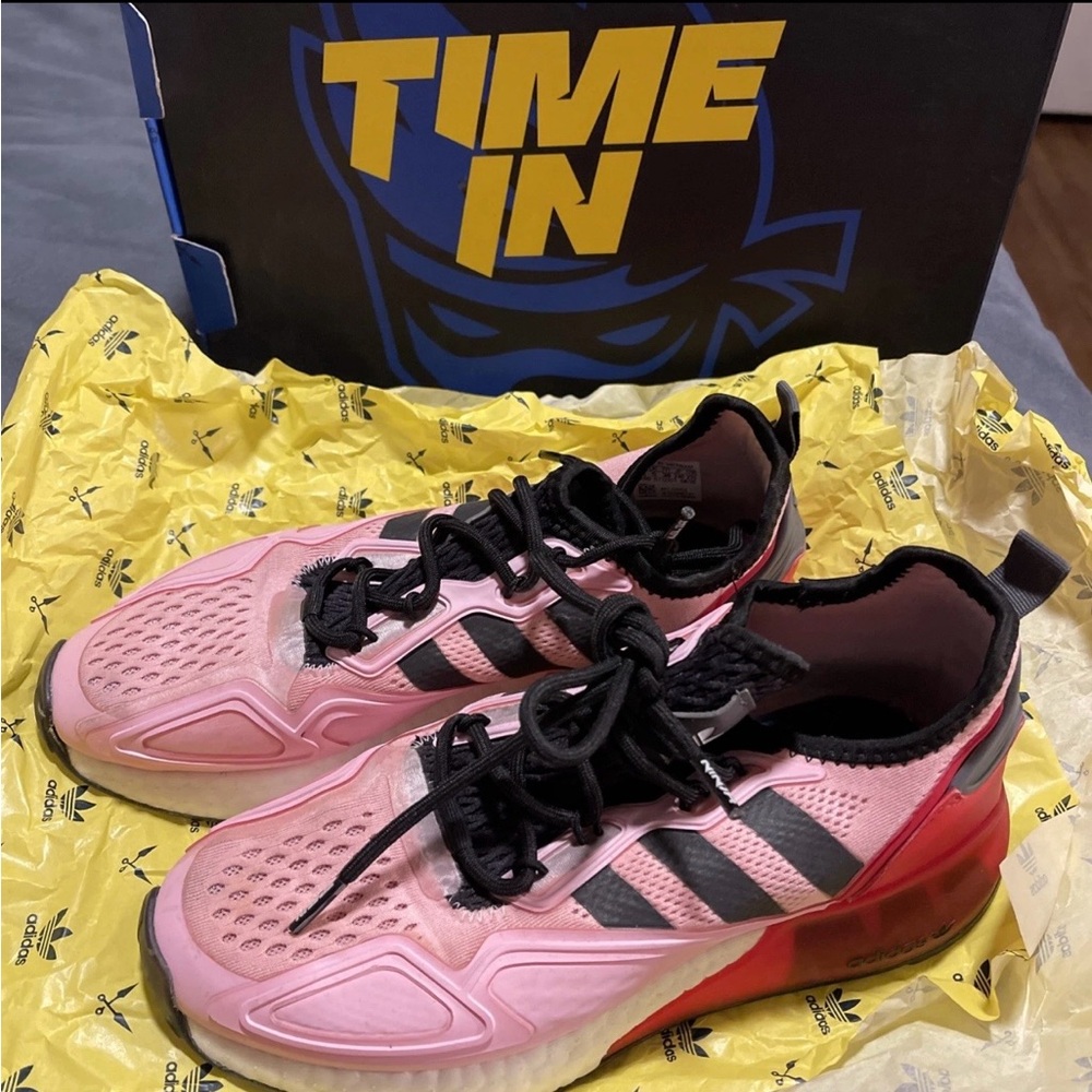 Ninja ZX 2X boost Adidas Pink and Red Sneakers with Black Stripes